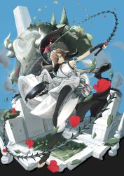  1girl arknights blue_eyes blue_sky braid brown_hair commentary_request full_body glint hair_over_one_eye highres holding holding_whip laurel_crown leaf ocha2_22 pallas_(arknights) petals short_hair sky smoke solo toeless_legwear whip 