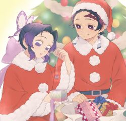1boy 1girl alternate_universe breasts bug butterfly butterfly_print_haori capelet checked_haori christmas christmas_ornaments christmas_present couple earrings gift groom hanafuda_earrings haori hat highres japanese_clothes jewelry kamado_tanjirou kimetsu_gakuen kimetsu_no_yaiba kochou_shinobu original pkhoahue red_capelet santa_costume santa_hat scar scar_on_face scar_on_forehead shueisha ufotable yellow_haori