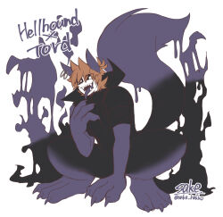  1boy alternate_costume alternate_form animal_ear_piercing animal_feet animal_hands animification antenna_hair artist_name black_sclera brown_hair character_name claws colored_sclera colored_skin colored_tongue commentary_request eddsworld flipped_hair hair_ears high_collar highres kaiyo_noba long_tongue looking_at_viewer male_focus monster_boy monsterification no_nose open_mouth purple_tongue sharp_teeth simple_background solo squatting tail teeth tongue tongue_out tord_(eddsworld) white_background white_eyes white_skin wolf_boy wolf_tail 