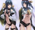  blue_hair breast_envy breasts dizzy dual_persona fingerless_gloves flat_chest gloves guilty_gear hotpants red_eyes sailor_collar salada short_shorts shorts smile sweatdrop tail time_paradox under_boob underboob wings 