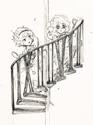  2girls :o arm_up blouse boots commentary_request frilled_shirt_collar frilled_sleeves frills full_body graphite_(medium) greyscale hair_between_eyes hair_ornament hairband hand_in_own_hair heart heart_hair_ornament heart_of_string komeiji_koishi komeiji_satori long_sleeves looking_at_another looking_at_viewer menotama monochrome multiple_girls no_headwear open_mouth railing roman_numeral shirt short_hair siblings sisters skirt sleeves_past_fingers sleeves_past_wrists slippers spiral_staircase stairs third_eye touhou touhou_18th_popularity_poll traditional_media wide_sleeves 