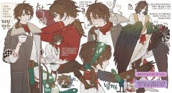  2boys animal_feet animalization bird bird_legs bird_tail bird_wings brown_eyes brown_hair brown_wings chinese_clothes claws coat commentary_request feathered_wings g0ng_g0ng getian_(reverse:1999) grey_coat hanfu harpy_boy highres holding_with_feet korean_commentary korean_text long_hair low_ponytail male_focus monster_boy multiple_boys multiple_views name_day_(reverse:1999) ponytail raccoon reverse:1999 simple_background tail translation_request tying_hair white_background white_hanfu winged_arms wings 