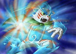 anger_vein angry animal_ears artist_name attack black_eyes blue_background blue_hair body_markings boots cape dynamic_pose energy_ball fangs fur furry green_sclera grey_eyes incoming_attack komainu light_rays ponytail sharp_teeth shishikoma signature simple_background spiral striped swirl tail tooo. white_fur wrist_cuffs youkai youkai_watch