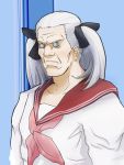  batou blush cosplay crossdressing crossdressinging face ghost_in_the_shell hair_ribbon hair_ribbons highres hiiragi_kagami hiiragi_kagami_(cosplay) lucky_star male manly muscle pu-chin ribbon ribbons school_uniform solo trap twintails white_hair 