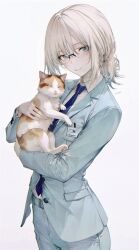  1girl absurdres alva_(girls'_frontline_2) an-94_(antje)_(girls'_frontline) an-94_(girls'_frontline) animal aqua_jacket aqua_pants aqua_suit blonde_hair blue_eyes blue_necktie cat collared_shirt commentary_request cowboy_shot girls'_frontline_2:_exilium girls_frontline glasses highres holding holding_animal jacket long_sleeves looking_at_viewer medium_hair necktie official_alternate_costume pants renoahh shirt simple_background smile solo suit white_background white_shirt 