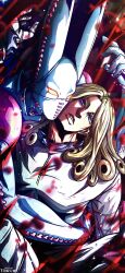  1boy 1other absurdres araki_hirohiko_(style) argyle_clothes argyle_gloves blonde_hair blood blood_splatter blue_eyes blue_skin coat colored_skin dirty_deeds_done_dirt_cheap english_commentary funny_valentine gloves glowing glowing_eyes highres jojo_no_kimyou_na_bouken long_hair looking_at_viewer mask mouth_mask no_mouth noonvincent purple_shirt recolored shirt stand_(jojo) steel_ball_run white_coat white_gloves yellow_eyes 