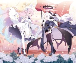  2girls absurdres ahoge armband black_coat black_gloves black_halo black_skirt black_thighhighs blue_archive coat coat_on_shoulders commentary_request demon_girl demon_horns demon_wings dress gehenna_academy_logo gloves halo highres hina_(blue_archive) horns kurana_(atlas) long_hair low_wings mika_(blue_archive) multicolored_hair multiple_girls pink_hair pink_halo red_armband skirt standing thigh-highs two-tone_hair very_long_hair white_dress white_hair wings 