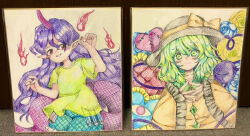  2girls arms_up black_hat blue_flower blue_rose blush_stickers bow brown_trim buttons closed_mouth commentary_request couch crossed_bangs curled_fingers diamond_button diamond_print dot_nose double-parted_bangs dutch_angle eye_print fire flower frilled_sleeves frills green_eyes green_hair green_shirt green_shorts hair_between_eyes hat hat_bow hat_ribbon heart heart-shaped_pillow horns komeiji_koishi lizard_tail long_hair long_sleeves looking_at_viewer loose_hair_strand medium_hair mensoreimuremu multiple_girls open_mouth own_hands_together parted_bangs pillow pointy_ears purple_hair raised_inner_eyebrows red_eyes reptile_girl ribbon rose shikishi shirt short_sleeves shorts simple_background single_horn sitting sleeves_past_wrists smile syringe tail tenkajin_chiyari third_eye touhou upper_body v-shaped_eyebrows very_long_hair wide-eyed wide_sleeves yellow_background yellow_bow yellow_flower yellow_ribbon yellow_rose yellow_shirt 