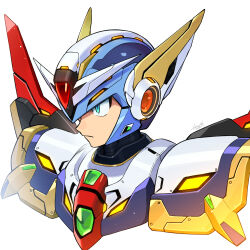 1boy absurdres armor blue_eyes buzzsaw_(6631455) forehead_jewel hashtag-only_commentary helmet highres kotobukiya male_focus mega_man_(series) mega_man_x_(series) simple_background solo upper_body white_armor white_background white_helmet x_(mega_man) 