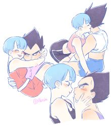  1boy 1girl alesshiart bike_shorts black_eyes black_hair blue_eyes blue_hair blush bowl_cut breasts bulma camisole carrying crop_top dragon_ball dragon_ball_z eye_contact hetero highres husband_and_wife looking_at_another medium_breasts miniskirt pink_shirt pink_tank_top princess_carry red_camisole red_lips red_skirt shirt short_hair signature skirt smile tank_top vegeta 