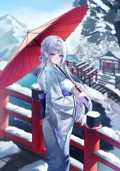 1girl absurdres akamin435 blue_eyes breasts bridge commentary flower grey_hair highres japanese_clothes kimono lake long_hair looking_at_viewer looking_to_the_side medium_breasts mountain multiple_torii obi oil-paper_umbrella original purple_flower railing red_umbrella sash shrine sidelocks sky snow snowflake_print snowman solo standing torii tree umbrella white_kimono wide_sleeves winter yuki_onna 