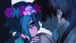  2boys basil_(headspace)_(omori) basil_(omori) black_eyes black_hair black_sweater_vest closed_mouth collared_shirt flower flower_wreath green_eyes green_hair green_shirt head_wreath highres knees_up looking_at_another male_focus multiple_boys omori open_mouth oreelurn shirt short_hair sidelocks smile sunny_(omori) sweater_vest t-shirt white_shirt 