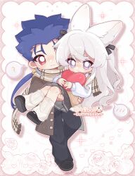  1boy 1girl ? animal_ears baili_(mhs_1830189) black_pants black_ribbon black_shoes black_skirt blue_hair blush brown_coat brown_sweater_vest buttons carrying closed_mouth coat commission cu_chulainn_(fate) dot_nose double-parted_bangs double_horizontal_stripe drop_shadow fate_(series) fox_ears fox_girl fox_tail full_body hair_between_eyes hair_ribbon heart highres holding holding_heart long_hair long_sleeves loose_socks miniskirt oc_x_canon open_clothes open_coat original outline pants pink_outline plaid_clothes plaid_scarf pleated_skirt princess_carry red_eyes ribbed_socks ribbon scarf shirt shoes skirt smile socks spoken_blush spoken_question_mark standing striped_clothes striped_skirt sweater_vest tail violet_eyes white_hair white_shirt white_socks yellow_scarf 