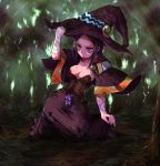  black_hair breasts cleavage crazy_eyes doctor_magus dress forest hat hat_tug kara_(color) kneeling large_breasts long_hair nature sekaiju_no_meikyuu solo witch_hat 