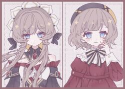  2girls bib_collar black_bow black_collar black_dress black_hat black_sleeves blue_eyes bonnet bow bowtie brown_hair closed_mouth collar commentary detached_collar detached_sleeves dress gem genshin_impact hand_on_own_cheek hand_on_own_face hat highres looking_at_viewer mary-ann_(genshin_impact) multiple_girls red_dress red_gem sandrone_(genshin_impact) short_hair short_hair_with_long_locks smile two-tone_bow upper_body white_headdress yapc03 yellow_bow 