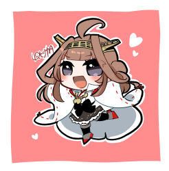  1girl ahoge black_skirt boots brown_hair chibi commentary_request detached_sleeves double_bun frilled_skirt frills hair_bun headgear heart highres japanese_clothes kantai_collection kongou_(kancolle) kongou_kai_ni_(kancolle) lr_hijikata nontraditional_miko open_mouth ribbon-trimmed_sleeves ribbon_trim skirt smile solo thigh_boots violet_eyes wide_sleeves 