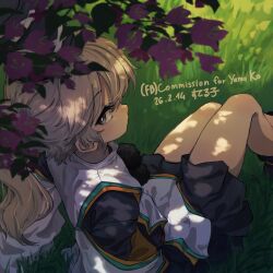  1girl absurdres artist_name black_skirt commentary_request commission commissioner_name dated english_commentary grass grey_eyes grey_hair highres japanese_clothes kariginu long_hair looking_at_viewer mixed-language_commentary mononobe_no_futo on_ground ponytail sitting skirt solo suteruko touhou 