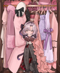  1girl black_pantyhose blush closet coat dress hashtag-only_commentary highres hyakumantenbara_salome koinko_(hunjinwashow) nijisanji pantyhose parted_lips pink_coat purple_hair red_dress smile solo violet_eyes virtual_youtuber 