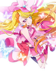  1girl ankle_boots belt black_belt blonde_hair boots bow braid braided_bangs bridal_gauntlets brooch bug butterfly butterfly_hat_ornament commentary_request cropped_shirt cure_butterfly earrings elbow_gloves floating frilled_shirt frills gloves glowing_butterfly gradient_gloves grin hat hat_ornament highres hijiri_ageha hirogaru_sky!_precure jewelry legs_up long_hair looking_at_viewer magical_girl microskirt midriff mob_cap multicolored_hair orange_hair pantyhose pink_boots pink_gloves pink_hat pink_shirt pink_skirt pleated_skirt precure purple_pantyhose red_bow shirako_love shirt showgirl_skirt simple_background single_leg_pantyhose skirt skirt_bow sleeveless sleeveless_shirt smile solo thigh_strap tilted_headwear twitter_username two-tone_hair very_long_hair violet_eyes white_background wing_brooch 