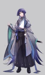  1boy adapted_costume alternate_hair_length alternate_hairstyle aqua_sleeves arm_at_side baiyuyi black_bodysuit black_boots black_eyes black_pants blue_cape blunt_ends bodysuit boots bow cape closed_mouth earrings eyeliner fingernails full_body furisode genshin_impact gold grey_background hakama hakama_pants hand_up hashtag-only_commentary highres japanese_clothes jewelry katana kimono lace-up_boots layered_sleeves long_hair makeup male_focus mandarin_collar pants pleated_pants purple_bow purple_hair purple_sash red_eyeliner sash scaramouche_(genshin_impact) sheath sheathed side_cape sleeves_past_fingers sleeves_past_wrists solo standing sword tassel tassel_earrings very_long_hair wanderer_(genshin_impact) weapon white_kimono white_sleeves white_trim wide_sleeves wispy_bangs 