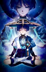  1boy anemo_symbol_(genshin_impact) armor belt black_belt black_bodysuit black_bow black_bridal_gauntlets black_sandals black_shorts blue_cape blue_gem blue_hair blue_kimono blue_sleeves blunt_ends bodysuit bow bridal_gauntlets cape choppy_bangs closed_eyes closed_mouth commentary core eyelashes eyeliner facing_down facing_viewer feathers fingernails floating gem genshin_impact glowing_object hakama hakama_shorts half-closed_eyes highres japanese_armor japanese_clothes juban kimono kote kurokote layered_sleeves leg_warmers levitation looking_down lotus_position makeup male_focus mandarin_collar meditation multiple_views open_clothes open_hands open_kimono parted_lips pink_nails pleated_shorts pom_pom_(clothes) purple_rope purple_sash red_eyeliner rope sandals sash scaramouche_(genshin_impact) short_sleeves shorts shoulder_peek solo tassel toeless_legwear toenails untranslatable_commentary violet_eyes vision_(genshin_impact) w02_14 wanderer_(genshin_impact) white_kimono white_leg_warmers white_mouth white_sleeves white_trim yellow_feathers zouri 