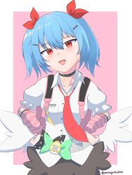 1girl :d absurdres black_choker black_skirt blush breasts choker colphne_(girls'_frontline_2) cosplay feathered_wings girls'_frontline_2:_exilium girls_frontline hair_between_eyes hair_ornament hair_ribbon hairclip hands_on_own_hips highres looking_at_viewer medium_hair miniskirt necktie pennycilin030 red_necktie red_ribbon ribbon shirt skirt small_breasts smile solo spiked_choker spikes sunna_(zenless_zone_zero) sunna_(zenless_zone_zero)_(cosplay) white_shirt wings 