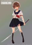  brown_eyes brown_hair katana original ri-ko school_uniform short_hair skirt socks sword weapon 