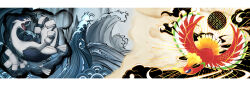  absurdres closed_mouth clouds commentary_request highres ho-oh letterboxed lugia nihonga no_humans ocha2_22 open_mouth pokemon pokemon_(creature) red_eyes seigaiha split_theme ukiyo-e waves 