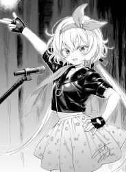  1girl :d arm_up black_background blush bow bow_hairband choker commentary_request cowboy_shot cropped_jacket double-parted_bangs fingerless_gloves gloves grey_background greyscale hair_between_eyes hair_bow hair_ribbon hairband hand_on_own_hip highres idol jacket konno_junko leather leather_jacket light_particles long_hair looking_at_viewer low_twintails medium_skirt microphone microphone_stand monochrome multi-source_commentary music open_mouth print_skirt ribbon short_sleeves signature singing skirt smile solo standing teeth twintails upper_teeth_only w yatoyato zipper zombie_land_saga 