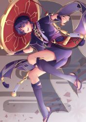  1boy absurdres arm_at_side armor black_bodysuit black_kimono black_sleeves blunt_ends bodysuit commentary_request egasumi fingernails furisode genshin_impact gold gold_trim grey_veil hand_up hat hazuki_hachi highres japanese_armor japanese_clothes jewelry jingasa juban kimono kote kurokote layered_sleeves looking_down male_focus mandarin_collar mitsudomoe_(shape) monochrome_background neck_ring o-ring open_clothes open_hands open_kimono open_mouth purple_hair purple_kimono purple_rope purple_sandals purple_sash purple_shorts purple_sleeves red_hat red_kimono red_sash rope sandals sash scaramouche_(genshin_impact) shimenawa shorts solo stirrup_legwear tassel teeth toeless_legwear toenails toes tomoe_(symbol) tongue tsurime upper_teeth_only veil violet_eyes white_rope wispy_bangs zouri 