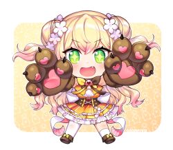  +_+ 1girl :d animal_hands asymmetrical_legwear back_bow bbcurry013 bear_paws bell blonde_hair blush bow bowtie brown_bow brown_bowtie character_background chibi chibi_only cleavage_cutout clothing_cutout commentary corset double-parted_bangs double_bun dress fang flower frilled_skirt frilled_thighhighs frills full_body gloves gradient_hair green_eyes hair_bun hair_flower hair_ornament hololive jingle_bell large_bow layered_skirt long_hair looking_at_viewer momosuzu_nene momosuzu_nene_(1st_costume) multicolored_bow multicolored_bowtie multicolored_hair neck_bell nekko_(momosuzu_nene) open_mouth orange_dress outstretched_legs paw_gloves paw_pose peach_ornament petticoat pink_hair reaching reaching_towards_viewer side_up_bun single_sock single_thighhigh skirt smile socks solo thigh-highs twitter_username two_side_up underbust uneven_legwear v-shaped_eyebrows virtual_youtuber white_thighhighs yellow_bow yellow_bowtie 