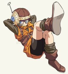  1girl bike_shorts black_shorts blue_eyes blunt_bangs boots brown_boots chrono_trigger full_body glasses grey_shirt grey_socks headset helmet hosodayo looking_at_viewer lucca_ashtear neckerchief orange_neckerchief orange_tunic purple_hair reclining shirt short_hair shorts socks solo tunic twitter_username 