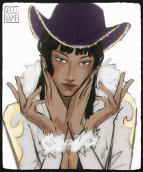  1girl blue_eyes blunt_bangs closed_mouth coat commentary extra_arms hat highres looking_at_viewer medium_hair nico_robin one_piece purple_hat simple_background solo upper_body veggivamp watermark white_background white_coat 