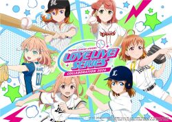  6+girls artist_request baseball_bat baseball_cap baseball_mitt baseball_uniform belt black_belt blue_eyes commentary_request hair_bun hat hinoshita_kaho ikizulive!_love_live!_bluebird kosaka_honoka link!_like!_love_live! long_hair love_live! love_live!_nijigasaki_high_school_idol_club love_live!_school_idol_project love_live!_sunshine!! love_live!_superstar!! multiple_girls official_alternate_costume official_art open_mouth orange_eyes orange_hair pink_hair red_hair shibuya_kanon shirt short_hair shorts smile sportswear takahashi_polka takami_chika teeth uehara_ayumu upper_teeth_only white_shirt white_shorts 