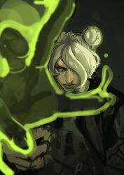  1girl absurdres deadlock_(game) double_bun fire graves_(deadlock) green_background green_fire hair_bun hair_over_one_eye head_down head_tilt highres holding_limb krannery looking_at_viewer necromancer pale_skin reaching reaching_towards_viewer school_uniform severed_hand solo upturned_eyes white_hair 