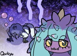  1boy artist_name black_gloves blue_eyes bubble colored_sclera fangs gloves highres jacket james_(pokemon) looking_at_viewer mareanie pants pokemon pokemon_(anime) pokemon_(creature) pokemon_sm_(anime) purple_hair quikyu short_hair white_jacket white_pants yellow_sclera 