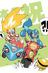  2boys armor blonde_hair blue_armor blue_helmet commentary_request dr._light_(mega_man) dr._wily_(mega_man) helmet highres long_hair male_focus mega_man_(series) mega_man_x_(series) met_(mega_man) motor_vehicle motorcycle multiple_boys on_motorcycle red_armor red_helmet riding x_(mega_man) youitei07133 zero_(mega_man) 
