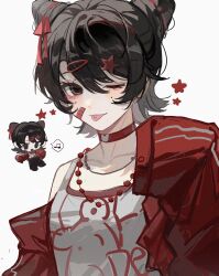  1girl black_eyes black_hair choker collarbone commentary double_bun hair_between_eyes hair_bun hair_ornament hair_ribbon hairclip highres jacket jacket_partially_removed jewelry jing_qiu123 li_yuting_(female) long_sleeves mole mole_under_each_eye mole_under_eye multiple_moles necklace one_eye_closed piercing print_shirt red_choker red_jacket red_ribbon ribbon shirt simple_background sleeves_past_wrists smile solo star_(symbol) star_hair_ornament tongue tongue_out tongue_piercing touqi_guaitan untranslatable_commentary white_background white_shirt 