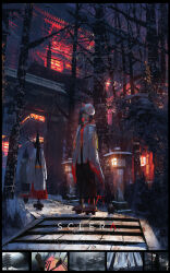  1girl 2others absurdres architecture asteroid_ill black_hakama building chihaya_(clothing) closed_mouth commentary east_asian_architecture english_commentary expressionless facing_to_the_side forest fox_mask geta hair_tie hakama highres japanese_clothes long_hair looking_at_viewer mask mask_on_head miko multiple_others nature night original outdoors path purple_hair scenery sclera_(asteroid_ill) shoes shrine snow socks stairs standing star_(sky) stone_lantern stone_stairs stone_walkway tree white_shoes wide_sleeves winter yellow_eyes 