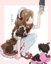  1boy 1girl absurdres apron bandaged_hand bandages bird blue_eyes bow bowtie box box_of_chocolates braid brown_dress brown_hair commentary_request crow dress frilled_dress frills highres kenmochi_touya kenmochi_touya_(1st_costume) long_hair looking_at_viewer maid maid_headdress mary_janes nijisanji notfound puffy_short_sleeves puffy_sleeves shoes short_sleeves solo_focus squatting thigh-highs twin_braids virtual_youtuber waist_apron white_thighhighs yokaze_yui 