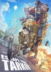  1girl 6+boys absurdres animal_ears arktic backpack bag baseball_cap big_pipe_(escape_from_tarkov) birdeye_(escape_from_tarkov) black_hat black_shorts blue_sky bolt_action boots brown_boots brown_gloves building bullet bulletproof_vest car clouds commentary copyright_name day english_commentary escape_from_tarkov explosion food gloves graphics_card green_eyes grenade_launcher gun gun_sling hat highres holding holding_gun holding_weapon ice_cream killa_(escape_from_tarkov) knight_(escape_from_tarkov) lobaev_arms_dvl-10_m1_sabatour milkor_mgl motor_vehicle multiple_boys muscular muscular_male night_vision_device open_mouth outdoors pantyhose rifle running short_shorts shorts sky skyscraper smile sniper_rifle sun sun_glare sunglasses tagilla_(escape_from_tarkov) teeth torn_clothes torn_pantyhose upper_teeth_only weapon welding_mask white_hair 