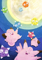  :d artist_name clefable clefairy cleffa english_commentary minior minior_(blue_core) minior_(core) minior_(green_core) minior_(indigo_core) minior_(orange_core) minior_(red_core) minior_(violet_core) minior_(yellow_core) moon night outdoors papercraft_(medium) pinceauarcenciel pokemon pokemon_(creature) smile unconventional_media web_address 