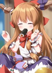  1girl bare_shoulders blue_skirt blush bow bowtie brown_horns chain closed_eyes closed_mouth commentary_request cowboy_shot ehoumaki food food_in_mouth frilled_wrist_cuffs frills hair_bow hands_up highres horn_ornament horn_ribbon horns ibuki_suika long_hair looking_at_viewer makizushi orange_hair purple_ribbon red_bow red_bowtie ribbon ruu_(tksymkw) shirt skirt sleeveless sleeveless_shirt solo sushi touhou white_shirt wrist_cuffs 