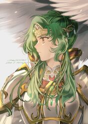  1girl absurdres armor brown_eyes closed_mouth commentary_request elincia_ridell_crimea feathered_wings fire_emblem fire_emblem:_radiant_dawn forehead_protector green_hair hair_bun highres long_hair looking_to_the_side omlililimo simple_background solo twitter_username upper_body watermark white_armor white_background white_wings wings 