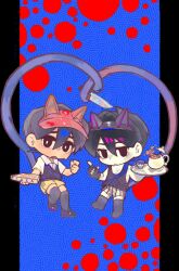  2boys alternate_costume black_eyes black_gloves black_hair black_shoes black_shorts black_sweater_vest black_tank_top black_thighhighs box bright_pupils chibi chibi_only chinese_commentary closed_mouth collared_shirt colored_skin commentary_request cup double-parted_bangs dual_persona fingerless_gloves gloves hair_between_eyes holding holding_box holding_tray index_finger_raised knife looking_at_viewer male_focus multiple_boys omori omori_(omori) open_mouth pizza_box psychokokuon shirt shoes short_hair short_sleeves shorts single_glove striped_clothes striped_shorts sunny_(omori) sweater_vest tank_top tea teacup teapot thigh-highs tray two-tone_shorts vertical-striped_clothes vertical-striped_shorts white_pupils white_shirt white_shorts white_skin 