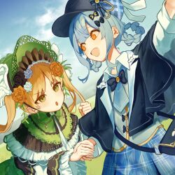  2girls :d :o black_capelet black_flower black_hat black_rose blonde_hair blue_hair blue_skirt blue_sky braid braided_hair_rings capelet commentary_request day dress flower green_bonnet green_dress green_eyes grey_vest hair_flower hair_ornament hair_rings hat highres holding_hands lolita_fashion long_hair long_sleeves looking_at_another mahou_shoujo_no_majo_saiban multiple_girls open_mouth outdoors owarinu rose short_hair skirt sky smile tachibana_sherry tono_hanna twintails vest yellow_eyes yellow_flower yellow_rose 