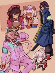  albina_(project_moon) animal_ears armband armor axe bandaged_hand bandages bear_ears black_hair blood blood_on_face blood_on_hands blood_on_weapon blue_coat bow camera clipboard coat collared_shirt commentary e.g.o_(project_moon) english_commentary faint_aroma_(e.g.o) glasses gun hair_bow hat hatchet_(axe) highres kira_(project_moon) krauuu003 laetitia_(e.g.o) limbus_company lobotomy_corporation lucio_(project_moon) magic_bullet_(e.g.o) necktie pants pink_coat pink_hair pink_pants project_moon purple_bow red_necktie ren_(project_moon) rifle sanguine_desire_(e.g.o) shirt short_hair so_cute!!!_(e.g.o) sora_(project_moon) weapon white_hair white_necktie 