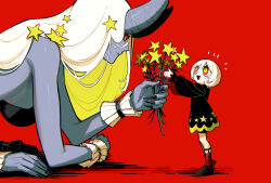  2girls black_dress black_nails bouquet breasts claws colored_sclera dress extra_arms eyelashes gift hair_ornament highres holding holding_bouquet horns long_hair long_sleeves looking_at_another medium_hair momomo_906 multiple_girls open_mouth orange_sclera original puffy_long_sleeves puffy_sleeves red_background red_socks sideboob smile socks star_(symbol) star_hair_ornament strapless white_hair yellow_eyes 