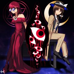  2girls absurdres alternate_costume bare_shoulders bespectacled black_hat black_shoes bow brown_hair brown_pants brown_suit brown_vest commentary crescent_moon cross cross_necklace disembodied_eye dress dress_shoes english_commentary flower frown full_body gap_(touhou) glasses grin hair_bow hat hat_bow hexagram high_heels highres jacket jewelry jongk_ok leaning_on_table leggings long_dress medium_hair moon multiple_girls necklace okazaki_yumemi pants red_dress red_eyes red_leggings red_shoes shadow shirt shoelaces shoes signature sitting sitting_on_table smile socks suit suit_jacket touhou touhou_(pc-98) usami_renko vest waistcoat white_bow white_flower white_shirt white_socks 