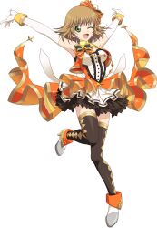  1girl alternate_costume artist_request black_thighhighs breasts brown_hair cosplay dress elbow_gloves full_body game_cg gloves green_eyes highres idol idol_clothes idolmaster leia_rolando looking_at_viewer medium_breasts official_art one_eye_closed open_mouth orange_dress orange_ribbon orange_shoes ribbon shoes short_hair smile solo standing standing_on_one_leg tales_of_(series) tales_of_asteria tales_of_xillia thigh-highs third-party_source transparent_background white_gloves white_shoes 